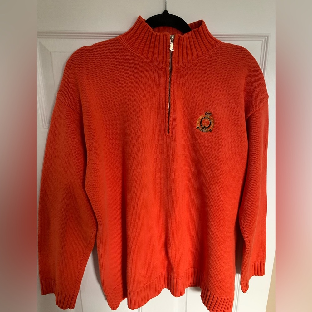 Ralph Lauren Men's Bright Orange 1/4 Zip-Up Sweater (XL)